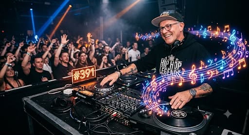 An imaginative portrait of DJ Bubbles at the decks