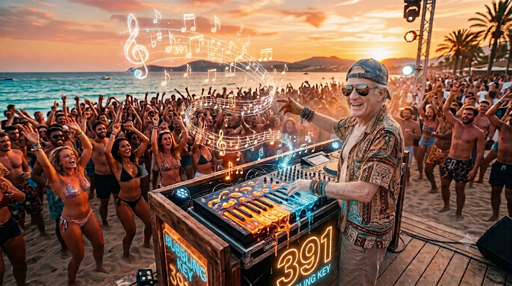 An imaginative portrait of DJ Bubbles playing a beach gathering